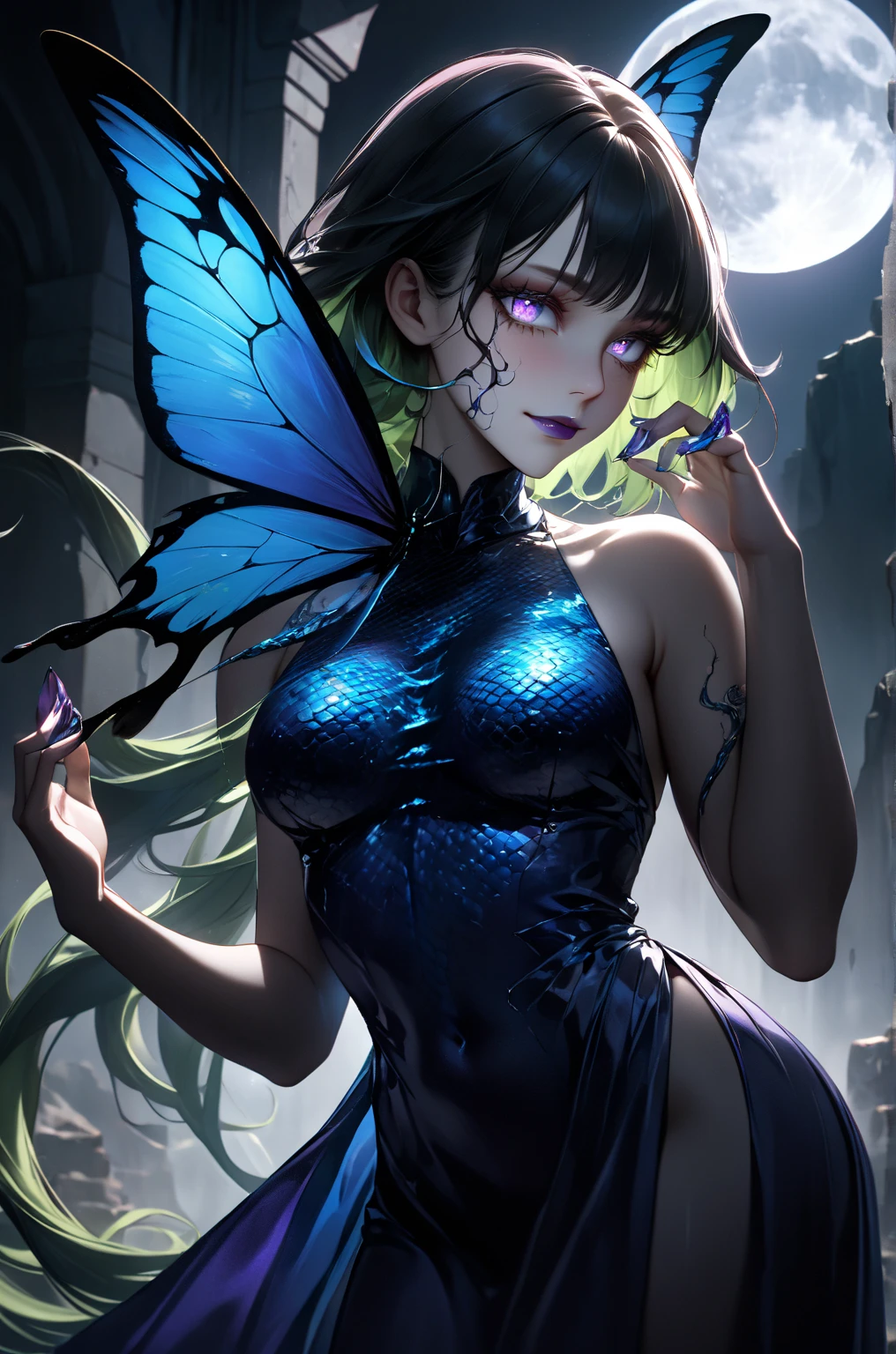 ((Superior quality, portraits, masterpieces, 8K wallpapers: 1.3)), girl with short wavy brown hair (((SHORT HAIR))), obsidian-like black eyes, (((ANNOYING, SERIOUS LOOK))) sitting on a branch of a mueto tree, bioluminescent blue butterflies, dark hour, perfect shadows and reflections of the moon on the scene. Black dress covered, dark Maga clothes.