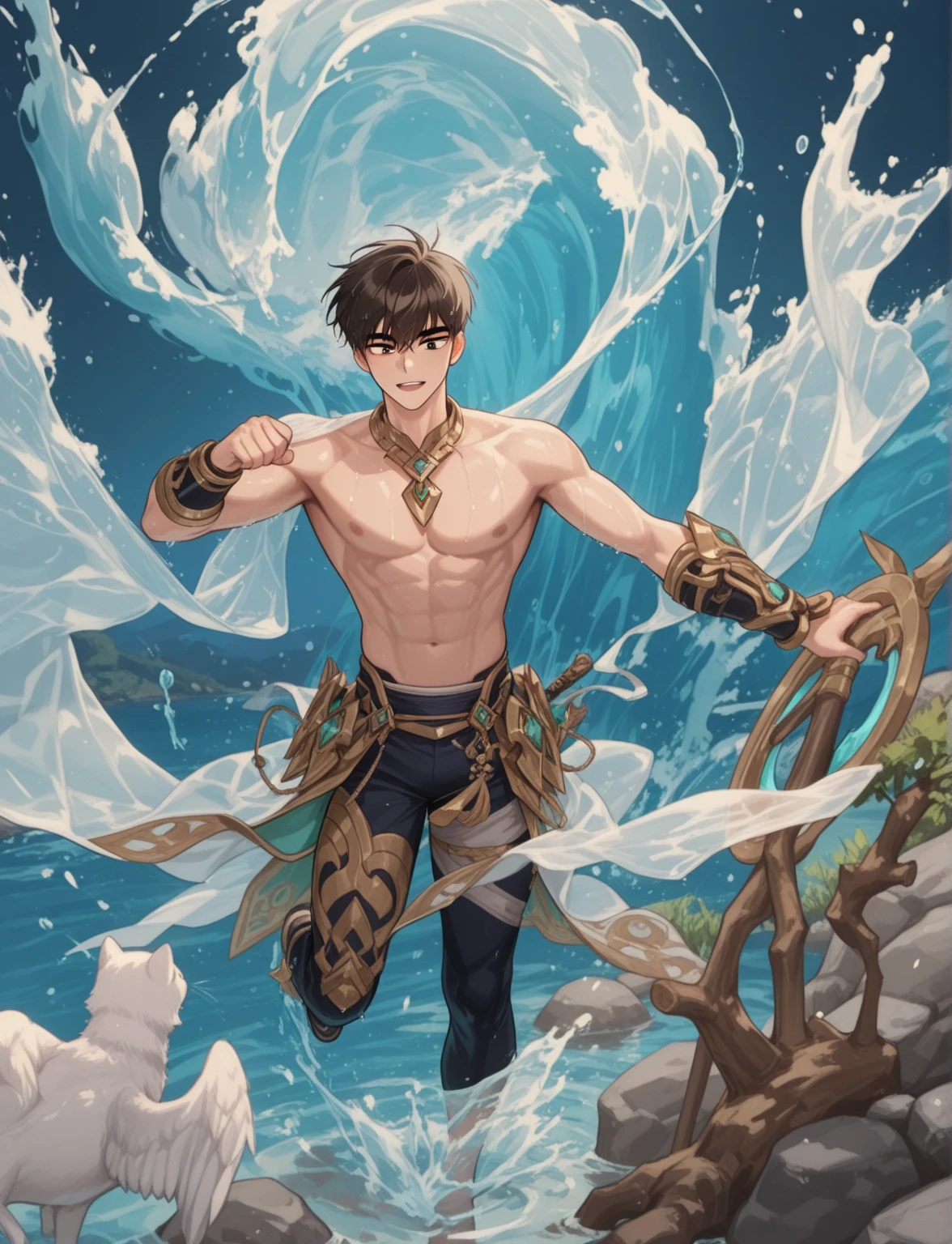 ((young man)), teenage boy, (((one person))), single, solo, ((slim body)), (((flat chest))), slender body, slim waist, ((pale skin)), (((light blonde hair))), ((pointy ears)), (((very poofy hair))), (((very fluffy hair))), (((wavy hair))), (((long hair))), ((full hair)), (((he has dark brown colored eyes))), (((dark brown colored eyes))), (((dark brown eyes))), cute face, (((fantasy style))), (((brown choker))), big eyes, (((male))), guy, (((boy))), magic, magical, ((water bubbles floating in the air)), sunny weather, (((diving under water))), a few rocks in the water, wet skin, ((catching a fish in his hand)), silver colored fish in the background, seagrass and kelp in the background, wearing a white loincloth, transparent clothes