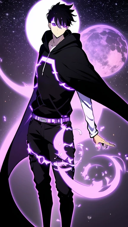 a little boy, he wears galaxy colored earrings, he looks so mysterious, He was dressed in a black shirt with his black coat hanging over his shoulders, his back was turned, he looked at the sky. Manhwa style.