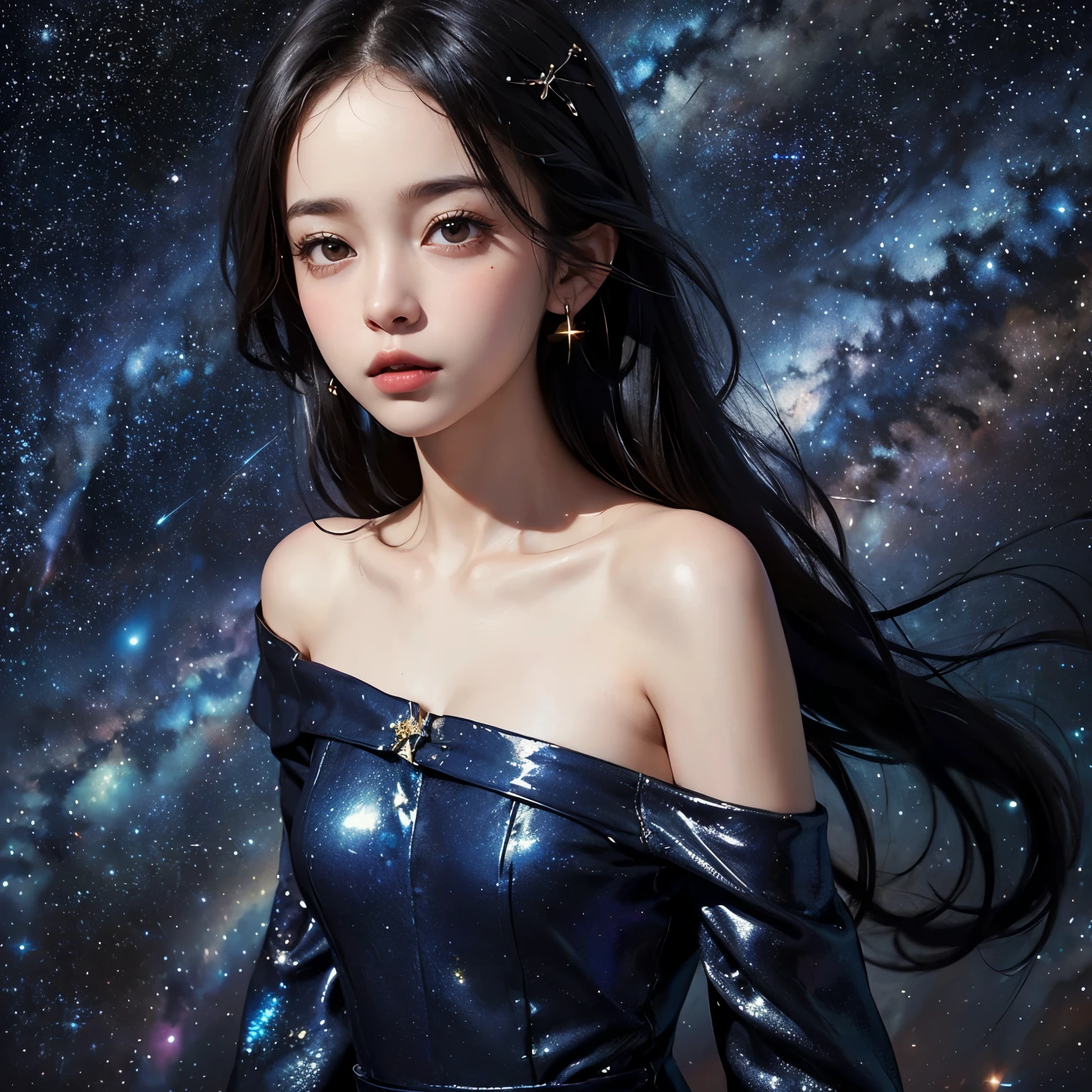 4K Ultra HD, Masterpiece, A girl with a magical aura, Good face, Long hair, shinny hair, Detailed eyes, Glossy lips, blue Lolita costume, The aura around the body, Magical effect, Spread white light, Cosmic elements and ethereal atmosphere, A mix of bright lights and colorful nebulae, universe background, Perfect body, sitting,