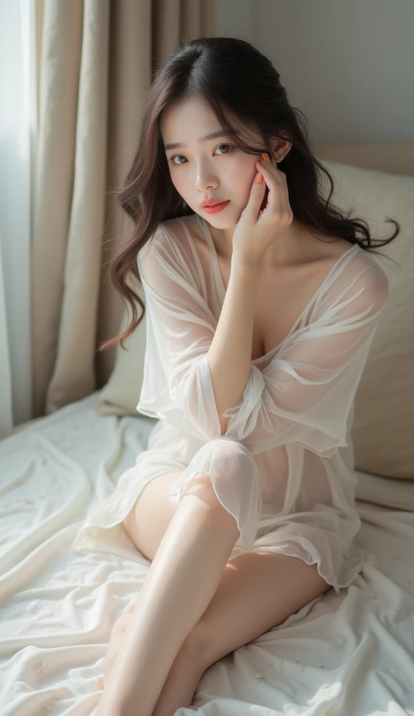 Innocent 、(Wearing pajamas)、Sitting in the room、A Smile、Raw foto, (8K、Top Quality、masterpiece:1.2)、(delicate detail:1.4)、(Photorealcitic:1.4)、octan render、Complex 3D rendering, Ultra-detail, Studio Soft Light (Studio Soft Light) (Studio Soft Light (Studio Soft Light)), Rim Light, vibrant details, Super detailing, Realistic Skin Textures, Detail Face, Beautiful detail eyes, Highly detailed CG Unity 16k wallpapers, Makeup-, (detailed background:1.2), shinny skin、turned around、exposed thighs!!!、