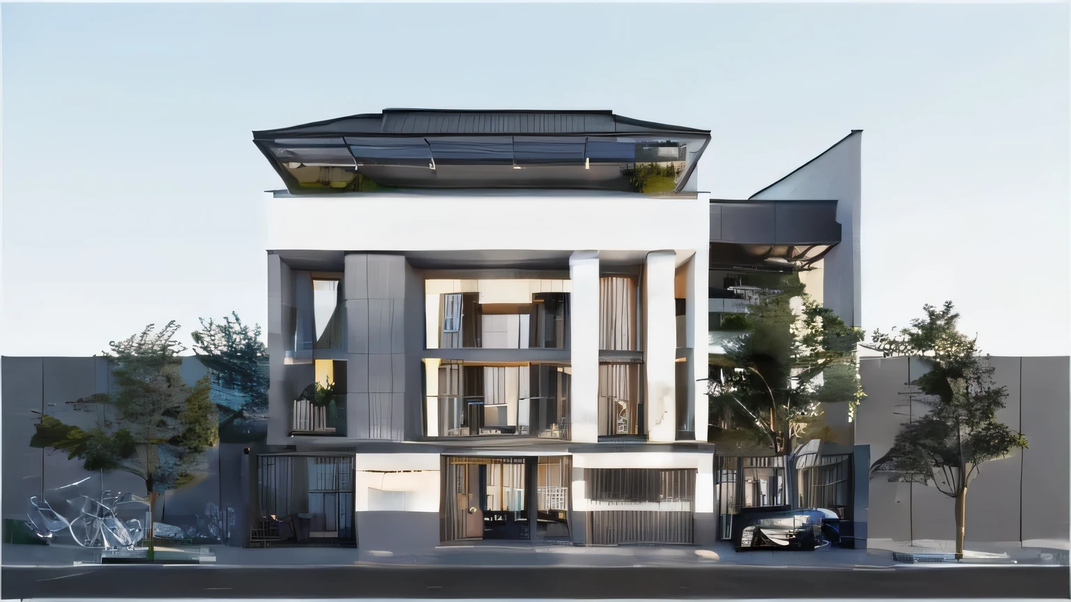 RAW photo, a photo of a modern villa with a car parked in front of it, ((1/2 dark grey wood facade)), architectural shot, gate, road, viet nam modern residence, rough white wall, new residential area, wide angle exterior 2022, contemporary house, exterior photography, masterpiece, contemporary architecture, overcast, indirect lighting