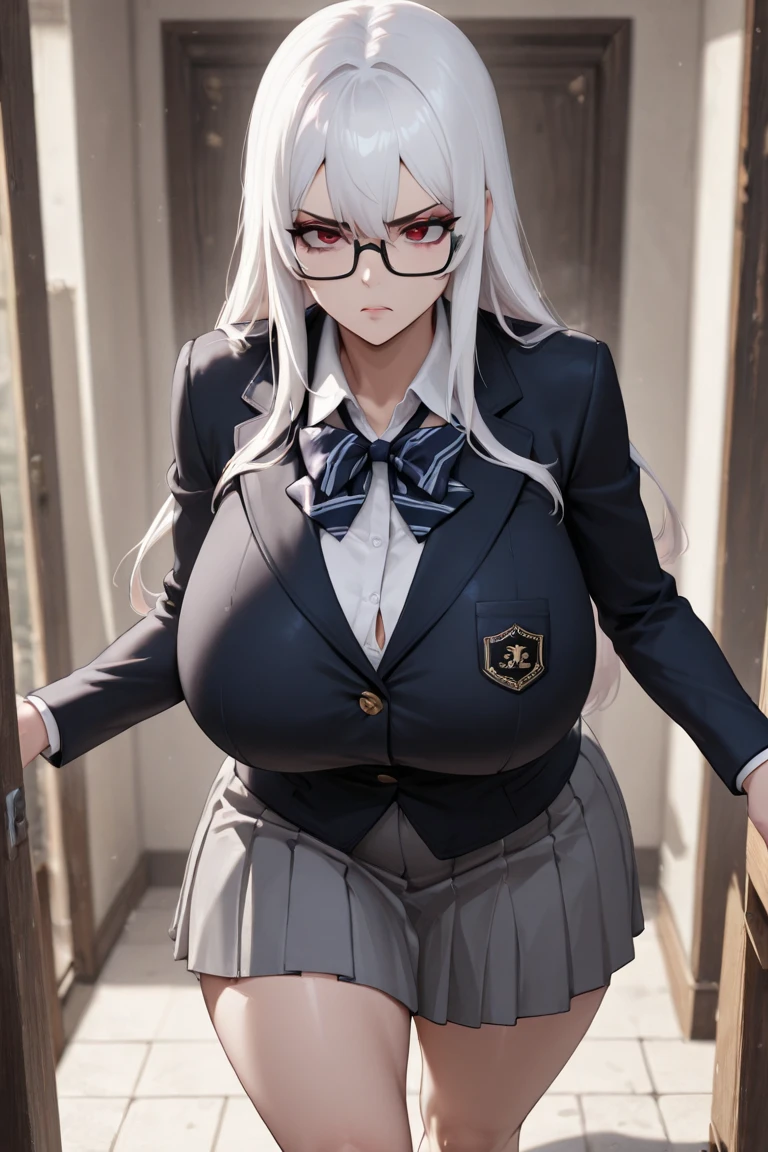 Meisterwerk, (realistisch), high-res, hochdetailliert, kompliziert, Beautiful women, rote Haare, blaue Augen, Sommersprossen, detailliertes Gesicht, tight dress, looking at viewer, smile, sexy teacher, glasses, huge boobs, downbluse, in Classroom, huge Dekolleté