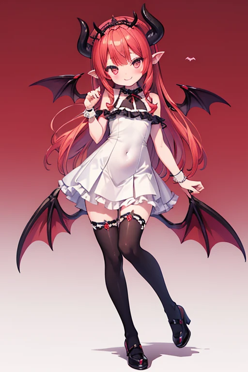 highest quality, masterpiece, ultra high resolution, full body, 1 girl, alone, devil girl, 12 years old, 4 devil black birds, Ahoge, (redhead), multicoloredhead, (black hair: 0.2), striped hair, medium long hair, side lock, (pointed ears: 0.2),fine eyes, brownish red eyes, Stars in the eyes, red straight devil horn, black choker, topless, barefoot, red black red lined skirt, smile, open your mouth, in the sky, nice hands,pink nipples