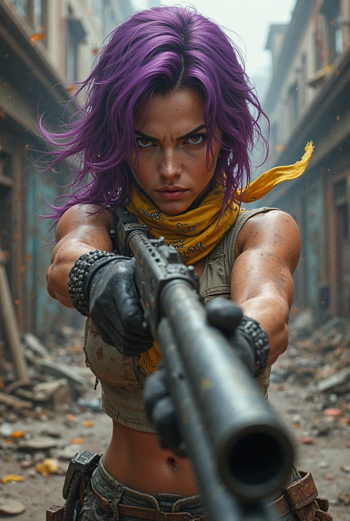 A real person with purple hair lies on the ground underneath a vehicle, working on a mechanical component. Their arms and skin are covered in grease and dirt, indicating hands-on labor. They without clothe, showing focused determination in their expression. Tools are visible nearby, along with a jack supporting the vehicle. The environment appears dimly lit, enhancing the gritty atmosphere of the task.