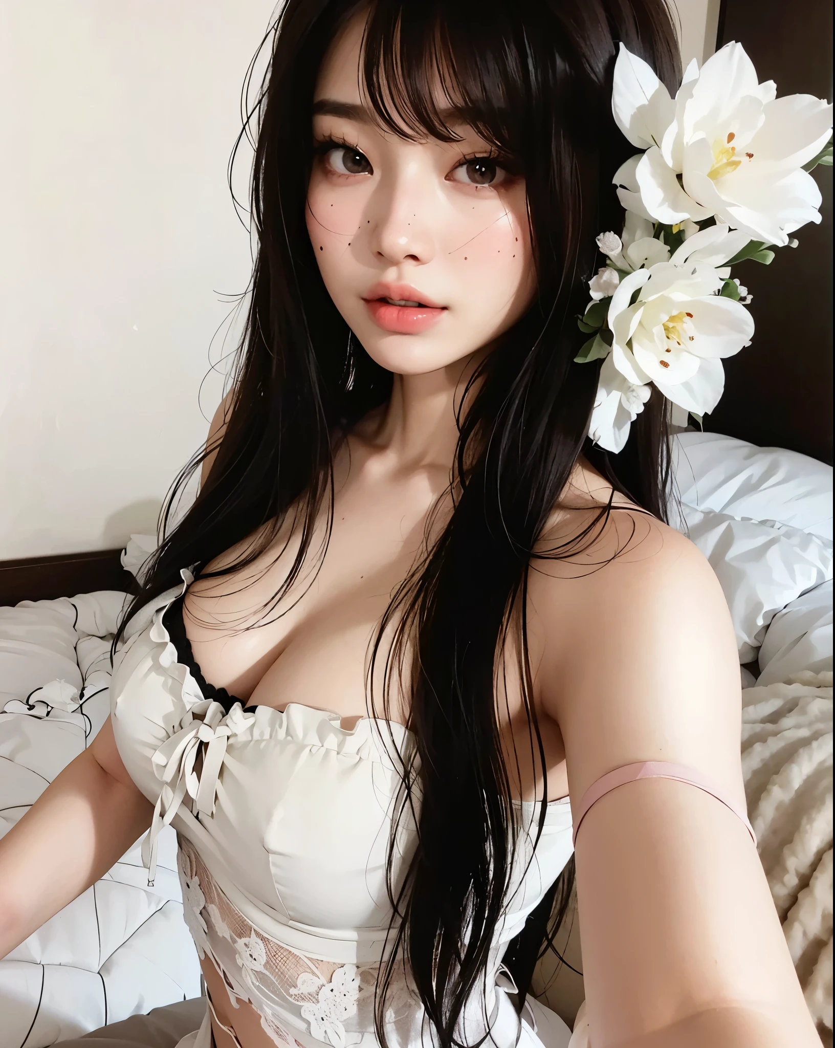 There's a woman in a white dress and a flower in her hair, garota de anime na vida real, Guweiz, deusa japonesa, Ulzzang, pale milky white porcelain skin, garota anime sedutora, pale porcelain white skin, beautiful asian girl, Sakimichan, com cabelos longos e olhos penetrantes, linda garota de anime, penteado com corte hime branco