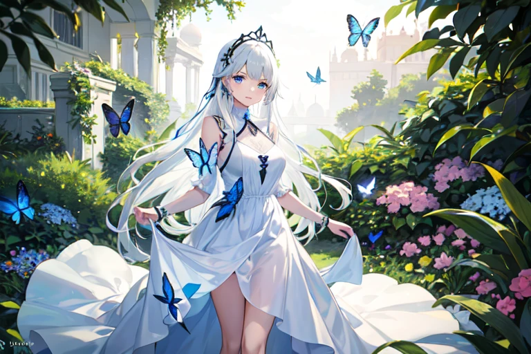 1 girl, Clear water, Blue Butterfly, Pure white gauze skirt, Sparkling