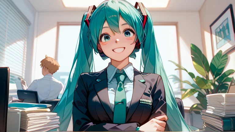 Masterpiece, Hatsune Miku, giantess, looming over tiny guy, indoors, glaring, smirk, intimidating, dominant, femdom, looking down on tiny guy, about to sit on tiny guy, perspective of the tiny guy