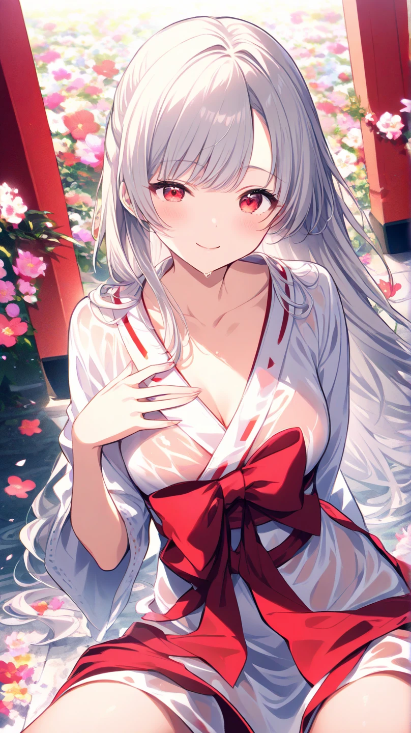 1 girl, Long silver hair, red eyes with slit pupils, master-piece, best quality, proportional body, proportional, {white kimono:1.35}, {red hakama:1.35}, {wide sleeves:1.20}, Under the cherry blossom tree background, Cherry blossom petals are falling, lying down, outdoor, Upper body, The sky is beautiful, Both hands hold a bouquet of flowers, (light_Smile:1.5),