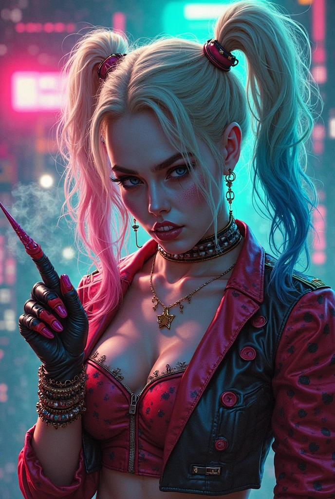 Create a ((top-notch quality)), ((masterwork)), ((true-to-life)) digital rendering that features the iconic character Harley with Cat Quinn from DC in a captivating cyberpunk setting. Illustrate her enjoying cannabis goodness while seamlessly incorporating elements of the cyberpunk, cannabis-inspired, DMT, Artegem, and chiaroscuro styles. Employ Louis Wain's artistic vision to construct the environment. Pay meticulous attention to high levels of detail and vibrant colors, infusing the composition with the essence of cyberpunk aesthetics. Include cannabis-inspired and DMT elements to create an ethe, Chiaroscuro, 4K, 4K, 1080P