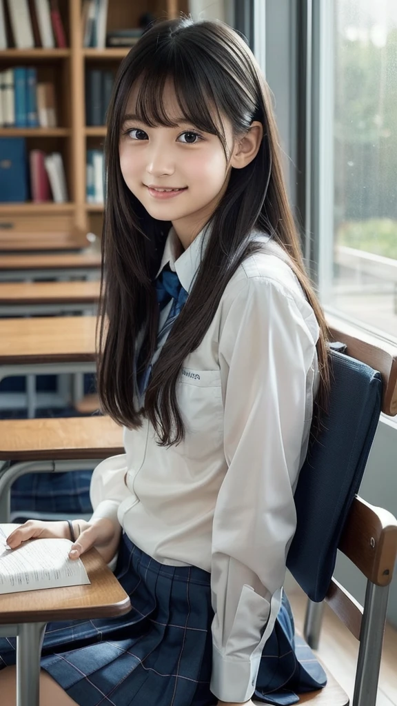 High School Uniform))、(Blackboard background)、Filmed in a school classroom、(School classroom with windows)、(8K、Live Shooting、Highest quality、masterpiece:1.2)、High-quality RAW color photos、Professional photos、(Genuine、フォトGenuine:1.37)、Photographed in natural light、1 Girl、A sloppy smile、(Various poses)、necklace、(Beautiful profile:1.3)、profile、Straight Long Hair、The eye color is dark brown、(Beautiful profile:1.3)、Correct hand of human body、、Woman with single eyelid、The correct state of the human body、Natural lip、Shot in well-lit areas、The gesture of brushing back hair、High school girl uniform、Facing forward