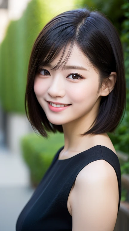 ((best quality, 8k, masterpiece :1.3)), 1 girl, smiling, whole body, face slimming, pretty Woman, (Dark brown hair), full length dress :1.1, Super detailed faces, delicate eyes, double eyelids, blurred background, face slimming, City, external, street,