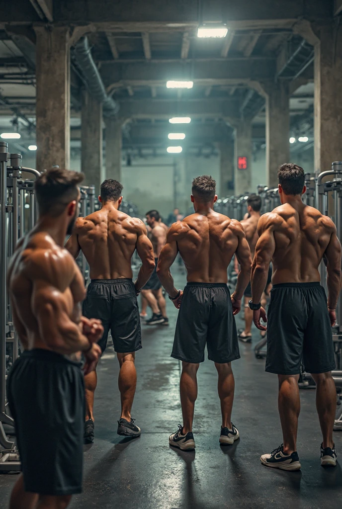(bodybuilders:1.2), (back view:1.2), (tank top:1.2), (at rugby club locker room:1.2), 40's, Japanese man, Chinese man, Korean man, Taiwanese man, manly face, fat face, (round face:1.4), (monolid eyes:1.2), (buzz cut:1.4), very large and strong body, bulky body, beefy muscles, (bulging muscles:1.4), (very large pectoral muscles:1.4), (muscular arms:1.4), muscular abs, muscular legs, muscular back, brightens oily skin, master piece, (realistic:1.4), panorama, distant view