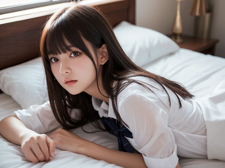 best quality, woman, {lonely}, sleepy, standing, hands on hips, looking at viewer, straight hair, blunt bangs, long hair, black hair, golden eyes, jitome, wheatish skin, tall, slim, glamorous, black heart pasties, baby face, japanese idol, 20-year-old, japanese, in the bedroom, beautiful, ultra realistic photo, {full body shot}, from front