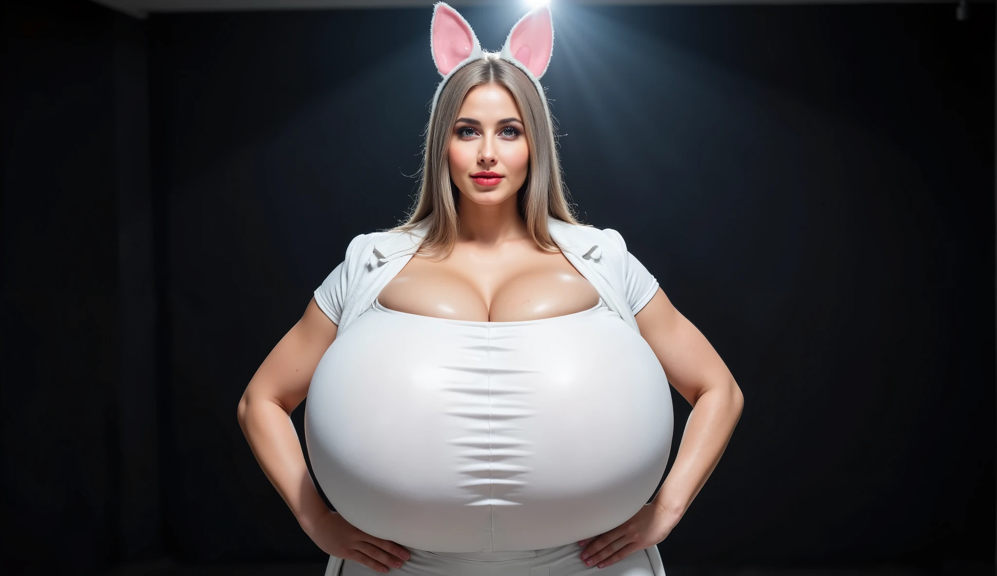 bunny girl, solo, white fantasy Healer's armor, grey eyes, long white hair, bushy ponytail, bushy bangs, full body, standing, full body shot, looking at viewer, shy smile, skindetantion, skindentation on breasts, seductive, huge hips, huge breasts, huge thighs, huge ass, white bunny ears with black tips, (gigantic breasts:1.5), (huge breasts:1.5), (huge thighs: 1.5)