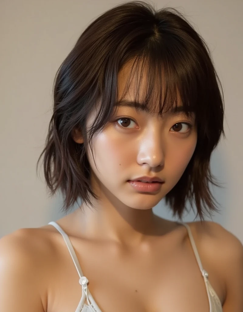 Look into the eyes, Eye contact, Front of face, Front face, face, head, Cross-legged, indoor, Brown Hair, bangs, Light clothing, Tank top, Sweat, Sweaty, Sweaty, clavicle, Cross-legged, Light from below, Chest, Earrings