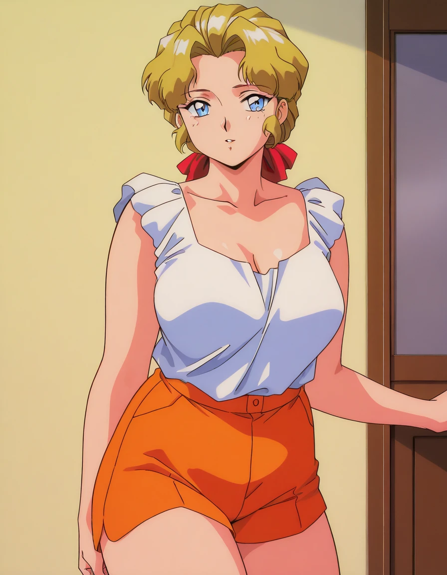 masterpiece, best quality, 1girl, betty, blonde hair, ponytail, red dress, upperbody, solo, ((huge breasts 1.3)), indoors,smile, curvy, ,white shirt, ((red cardigan,red pencil skirt))