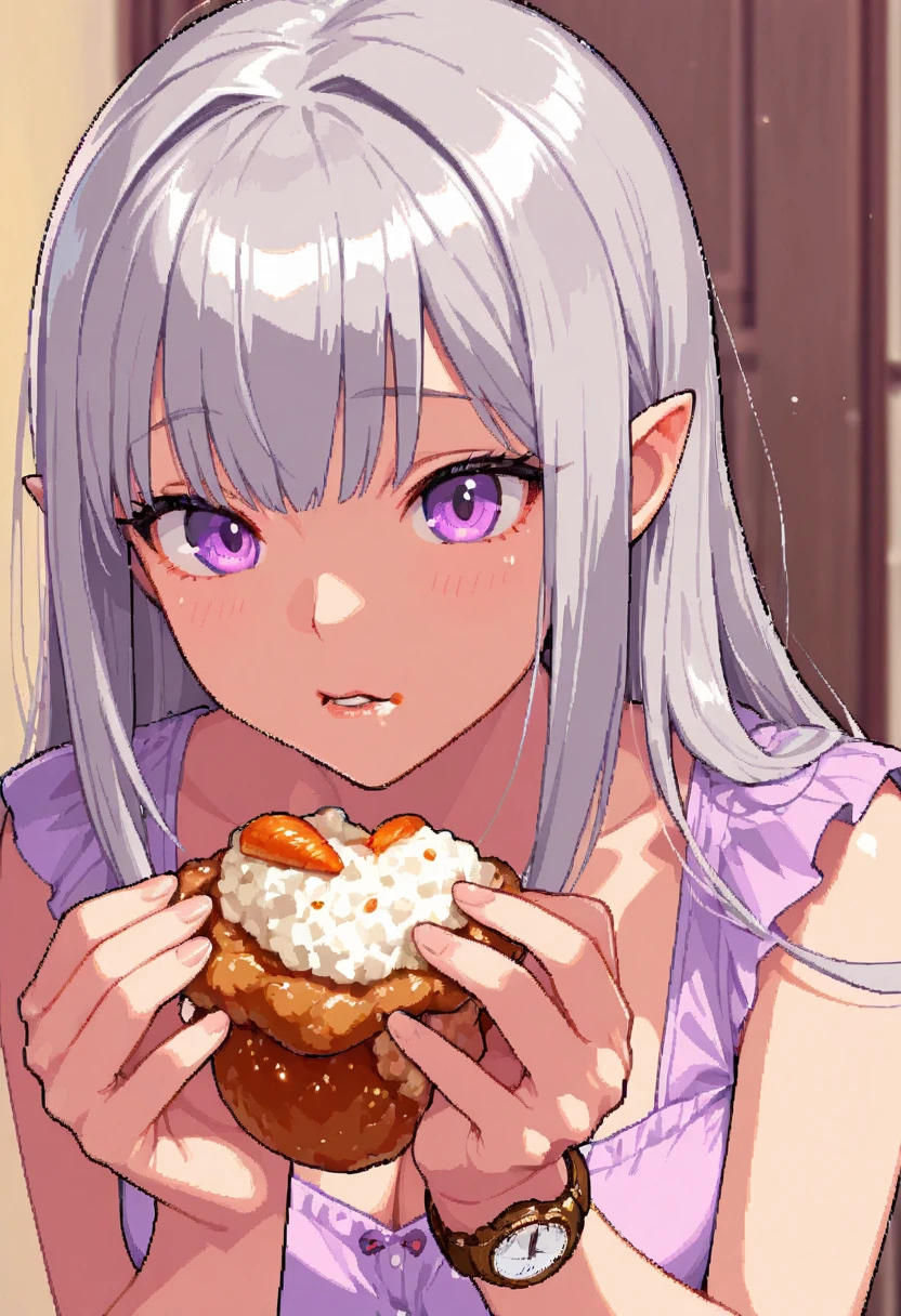 (((pixel perfect, detail perfect))), Alone, 1 girl, emilia, Food, rabbit Food, watch viewers, chapped lips、Tokyo's Asakusa is in the background。