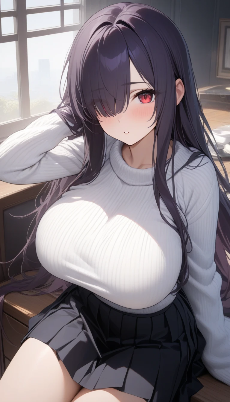 (((8k))), (((Masterpiece))), (((Ultra-detailed))), (((Superlative))), Mature woman, (((very long black hair))), (((purple eyes))), ((gigantic breasts)), (((thighs))), (embarrassed), (((blushing))), (((choker))), (((bedroom))), ((glowing eyes)), ((((off the shoulder white sweater)))), (((slim body))), (((bare shoulders))), (((black panties))), (((arms behind back))), (((crop top))), (((cleavage))), (((hair over eye)))