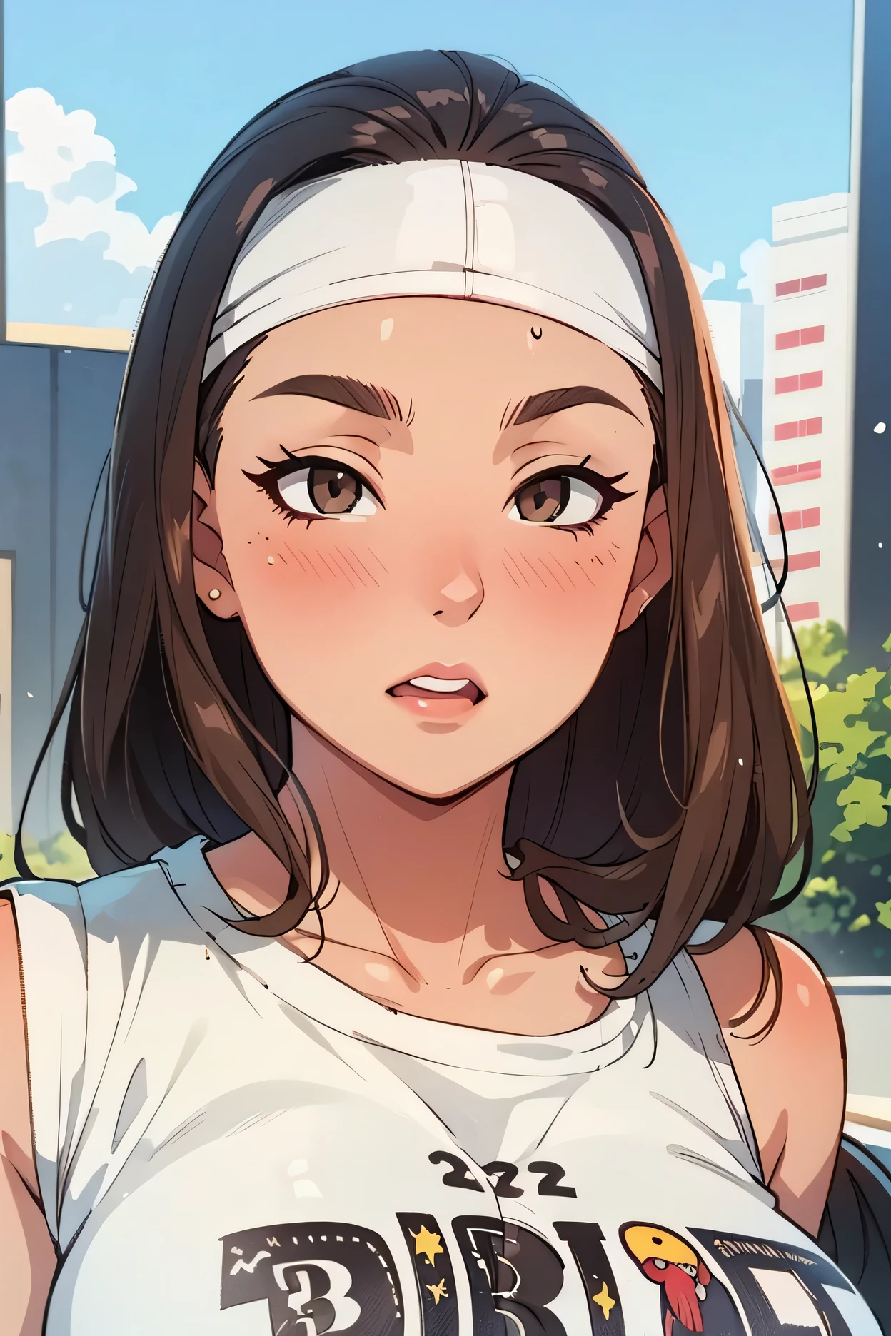 perfect face, face, long hair, black hair, (bandhead), (white bandhead), black eyebrows, thick eyebrows, brown eyes, black eyeliners, blush, nose, thick lips, beautiful woman, necklace star, huge breasts, tank top, white tank top, forest, cloud sky