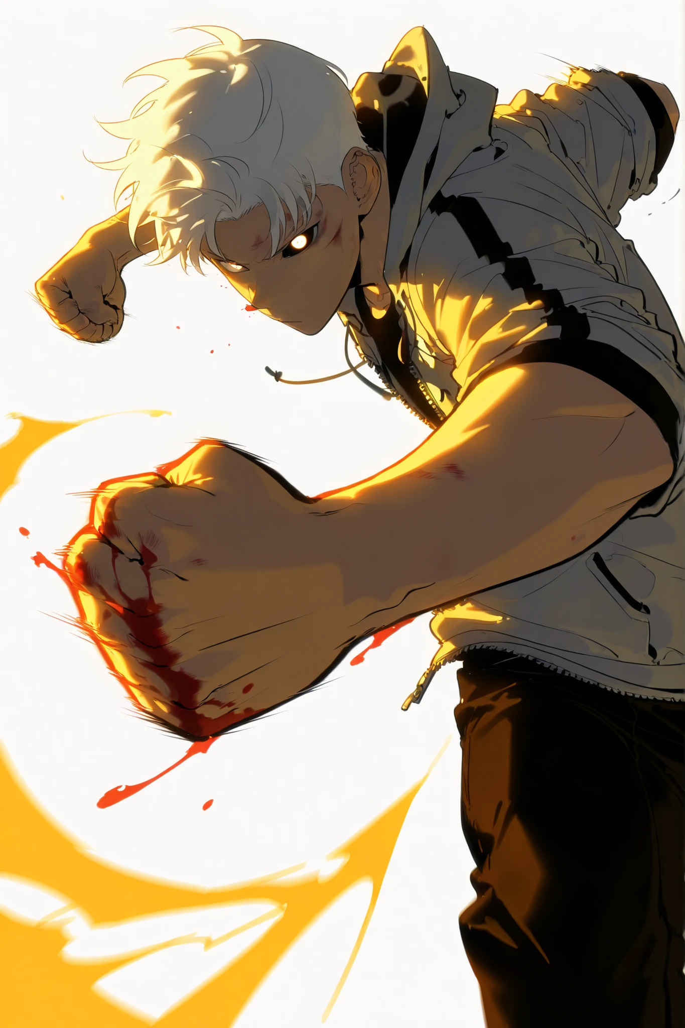 Handsome, Athletic, alone, male, Short spicky hair, long white hair, black orange eye, black shirt, white orange and black unzipped hoodie with rolled up sleeves, black pants, , intricate sketch, expressive eyes nose and mouth, simple pose, clench fist, martial art stance, blood on his fists , perfect Anatomy , ripped, Bruised knuckles