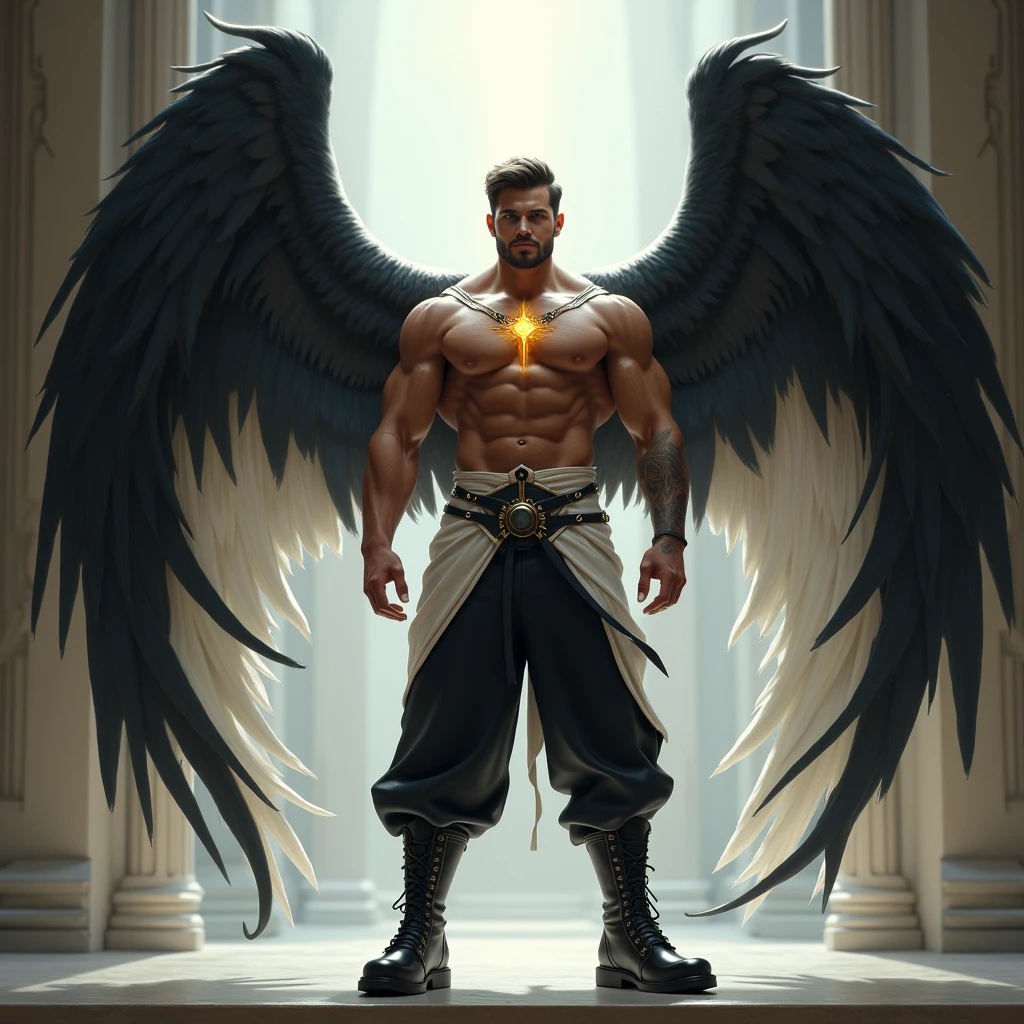 is a mysterious and powerful man with a pair of wings growing out of his back. He gives an equally angelic and monstrous impression. He has elemental powers, can fly, and will revive if killed, after a time. He gets his physical strength and stature from an unholy source, so his skin is numb and doesn't feel much, and holy or sacred power burns him. He is immune to dark or shadow powers and fire, and fire is even a power source that he can absorb.

He wears a set of thin, white robes over his body, with special sleeves for his wings, a pair of white trousers, and a hood.

He is very tall, 7'3", with a robust musculature on his medium build.  His skin is quite pale, just barely within the range of normal skin tone, with innumerable lines of scars running over it. He has strong, sharp claws on his fingers and toes. His wings are large and covered in brown feathers, resembling an eagle's wings. Under his hood he has kind but intense red eyes, and his hair is long, brown, and wavy.