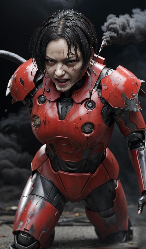 Rough skin, Very detailed, Advanced Details, high quality, 最high quality, High resolution, 1080P 、Bleeding from the wound、Red Armor、Wearing red and black、((Serious damage to the whole body))(Wearing a damaged female robot suit...)(Red Armor)(Broken Armor)Black Hair、headgear 、Stripped armor Boyish short hair Soaking wet、Open your mouth、Sweaty face、Severe pain、knock down、Droolinging from the mouth、 (Steam coming out of the face) ((Steam erupting from the body)) Falling to the ground Vaginal steam Drooling look up suffering Filming locations Face up on the ground