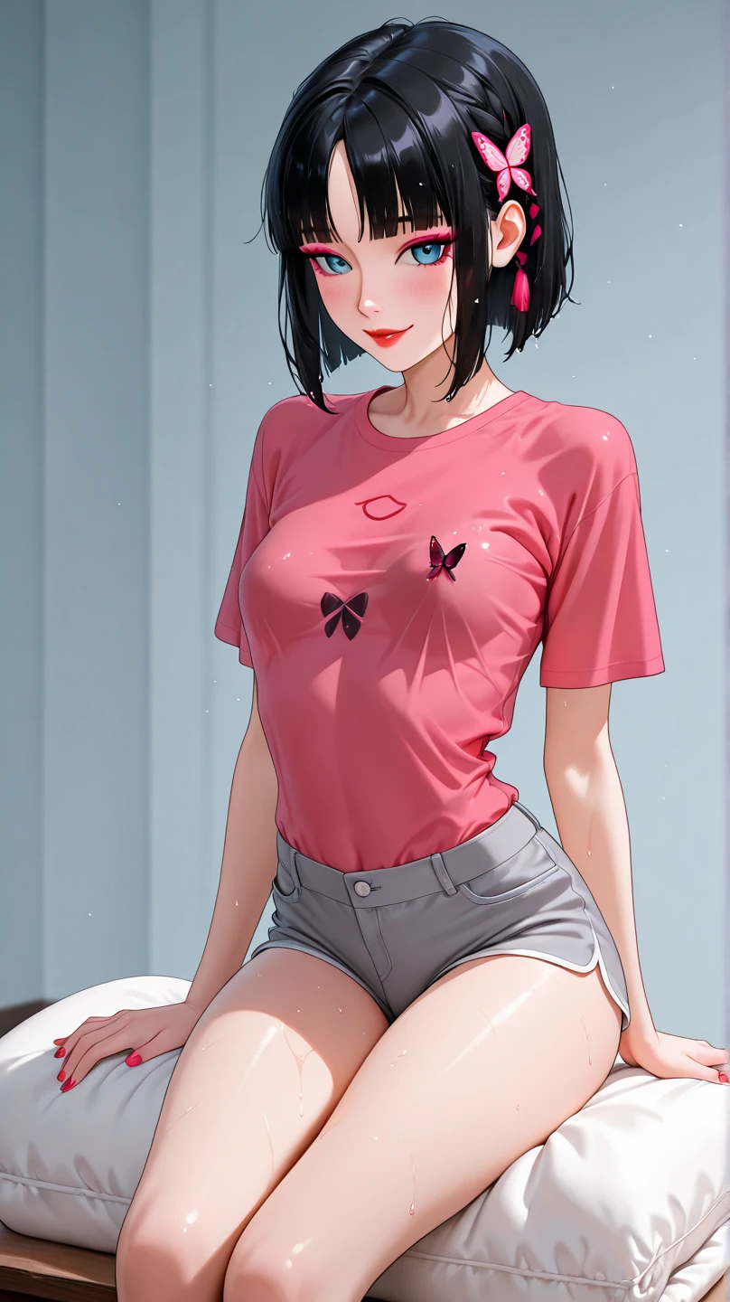 La mejor calidad, Obra maestra, linda pintura, girlish, pelo corto,  Calzado, gracia sentada, cuerpo completo (sin ropa) , (mostrando las tetas), (with wet and small clothesy se le nota las tetas).