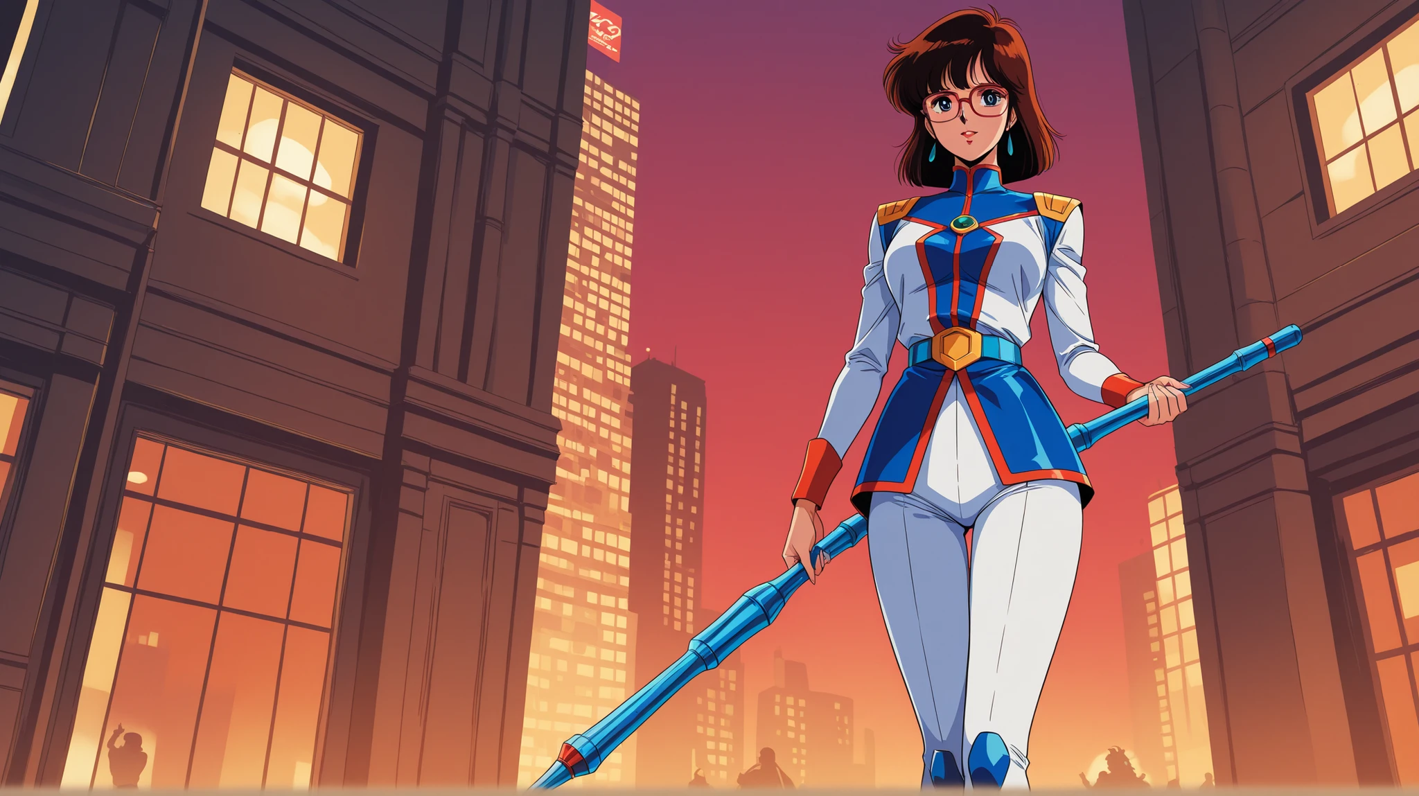 woman with glasses walking city of future design style retrofuturism 70s