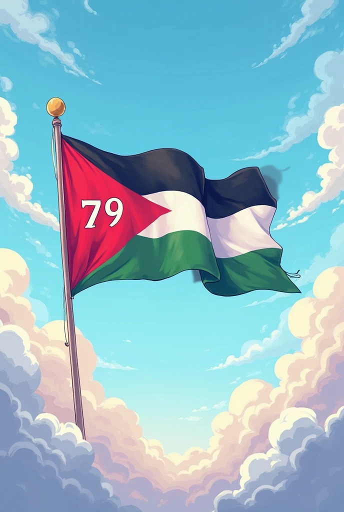 digital art of a young boy stands proudly and holding a large Palestine flag ,wears pants and black shirt , look at the sun at the end of the road, set against a backdrop of palm trees and a clear sky. the boy has Palestinian Chafee. back side view with wide angle .