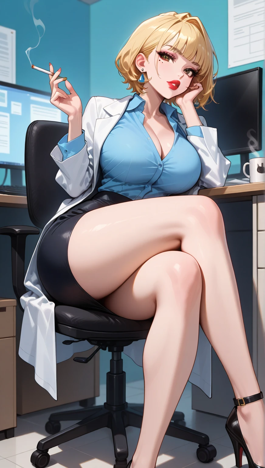unparalleled masterpiece, 8k,(high quality:1.2) perfect artwork ,health room,1girl, <lora:taeTakemiPersona5_v10:0.8>, absurdres, perfect antomy,Tae Takemi, (Prussian blue hair:1.1) , full body, necklace, choker, dress, labcoat,cleavage, clean, beautiful face, pure face, pale skin,shiny hair, (colored inner hair:1.103),(detail hair:1.08),(Long eyelashes:1.1),braid,(finely detailed beautiful eyes and face), (hyper extreme detailed:1.05) ,stunning lighting effects,