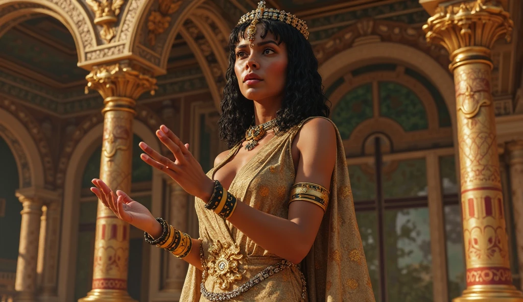 in ancient egypt, cleopatra, at the entrance to the palace, talking to a roman general, cinematic, realistic, 4k