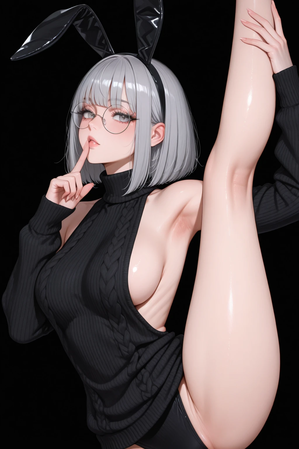 A beautiful angelic princess girl with very short white hair, ((curly undercut)), (mostly naked), (leather shibari), knit socks, thigh highs, stiletto heels , dog collar, standing upright, legs straight, legs together, stretching, toned body, frame, thin body, side view, small fit body, toned body, small breasts, very small breasts, pierced nipples, tight body, stripped Insecure (young woman:1.1) , background is Delicious Monastery, at Dusk, deep focus, Graphic novel, Confused, Post-Apocalyptic, Bloom light, Depth of field 100mm, Amaro, RTX, make-up, mascara, ruined make-up, eyeshadow, (flat chest:1.2), moody atmosphere, misty, night, low light, chiaroscuro, masterpiece, best quality, (intricate details), dreamy, perfect eyes, dark pupils, magnificent, ethereal, volumetric lighting, lightroom, ((cinematic)), raytracing, subsurface scattering, face focus,