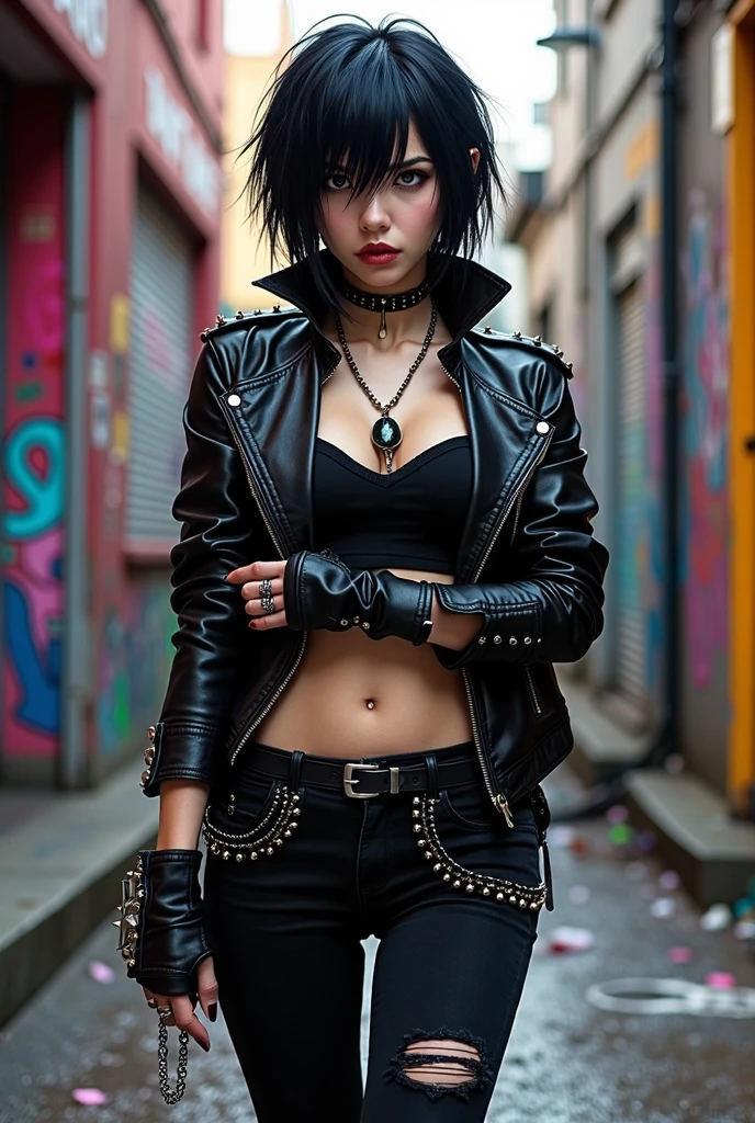 Young punk girl, 25 years old, multi-colored hair, ((red-black hair)), ((mohawk)) slender figure, black biker jacket, cleavage, black leather bra with spikes, black leather pants, posing against a red brick wall, visual  contact, looks at viewer, masterpiece, best quality, perfect detail, perfect face detail, perfect eye detail, perfect skin detail, depth of field, perfect lighting