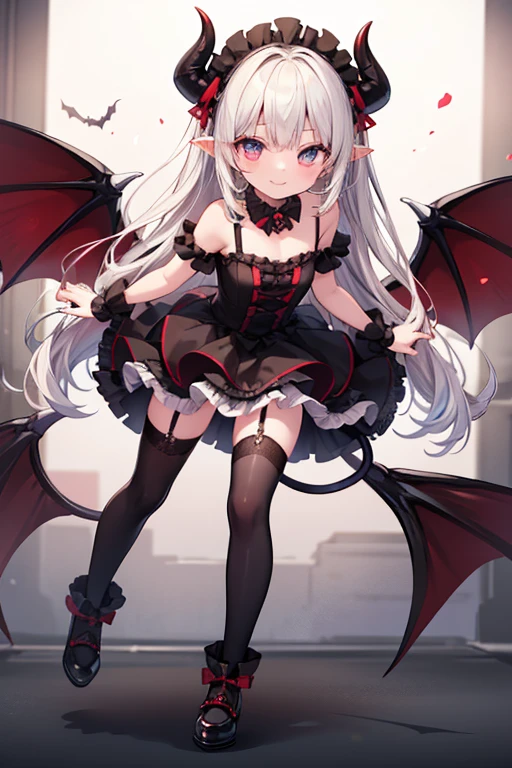 masterpiece, best quality, 1girl, solo, (loli), <lora:akumaria:0.5>, gothic lolita, lolita fashion, gothic architecture, plant, mesugaki, loli, full body, twintails, skin fang