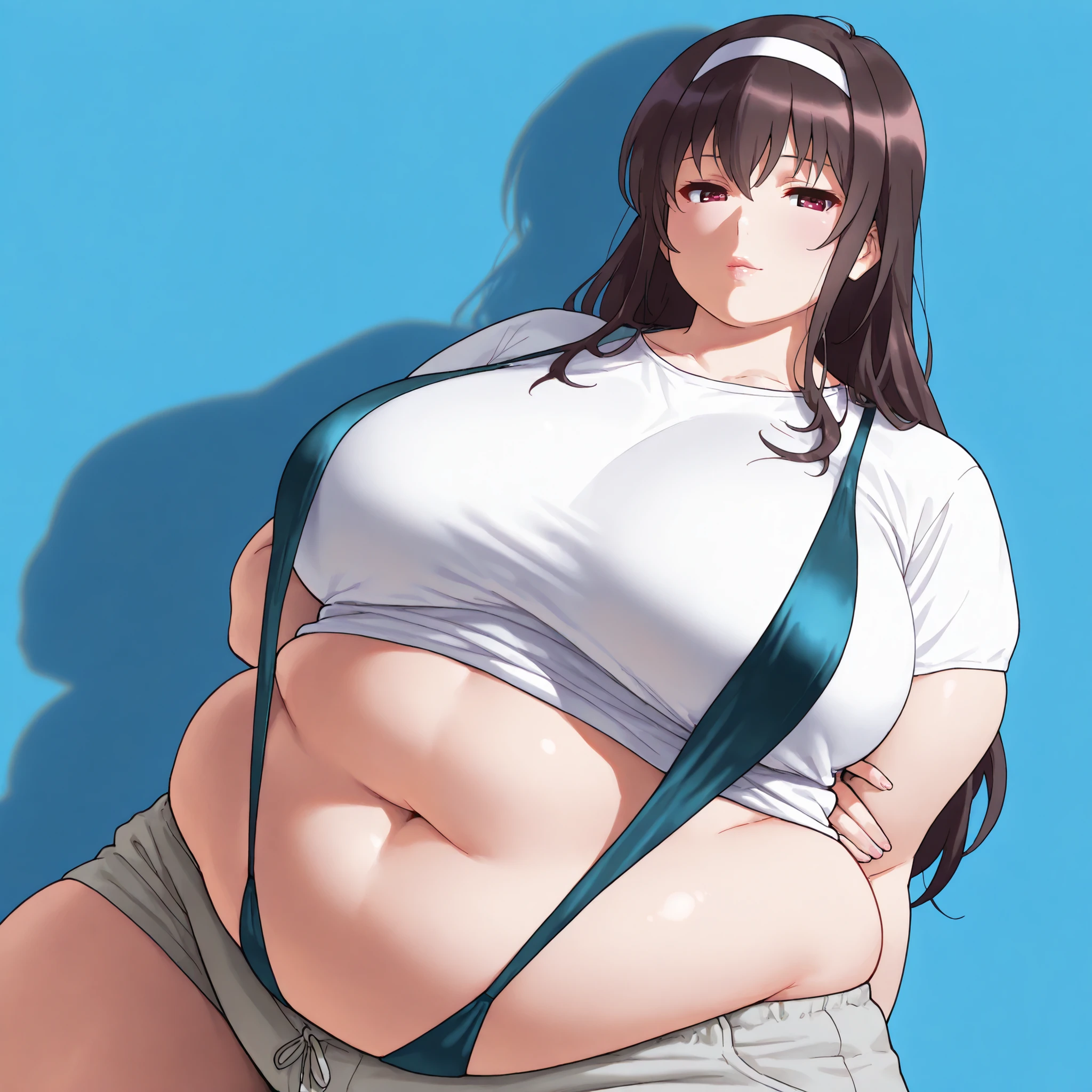 1 woman, beautiful mature woman, attractive detailed face, delicate facial features, detailed skin, huge breasts, slingshot swimsuit, hand behind back, looking seductive, ultra-detailed, (best quality,4k,8k,highres,masterpiece:1.2), cinematic lighting, octane render, 8k uhd, extremely detailed, intricate details, hyper realistic, high definition, sharp focus, ,compositionmuted colors, skin pores, score_9, score_8_up, score_7_up, (cowboy shot, dutch angle:1.2), masterpiece, extremely detailed,4k,solo,1girl,adult ,((fullbody)),kasumigaoka utaha,slim body, sexy legs,perfect body,perfect skin texture,large breasts,housewife,grey short pants, oversize white tshirt, soft light, high detailed, best quality, upper body,, blue plain background ,blue background,looking at viewers,front look,sexy pose, photography,cowboy shot, (negative_v2 Color_Balance_Calibration:0.8), negativeXL_D, aidxlv05_neg, Stable_Yogis_Animetoon_Negatives, chubby, chubby girl, curvy, large breasts, lips, plump, thick thighs, thighs, (((oversized gigantic stomach)), curvy, large breasts, lips, plump, thick thighs, thigh, immobile