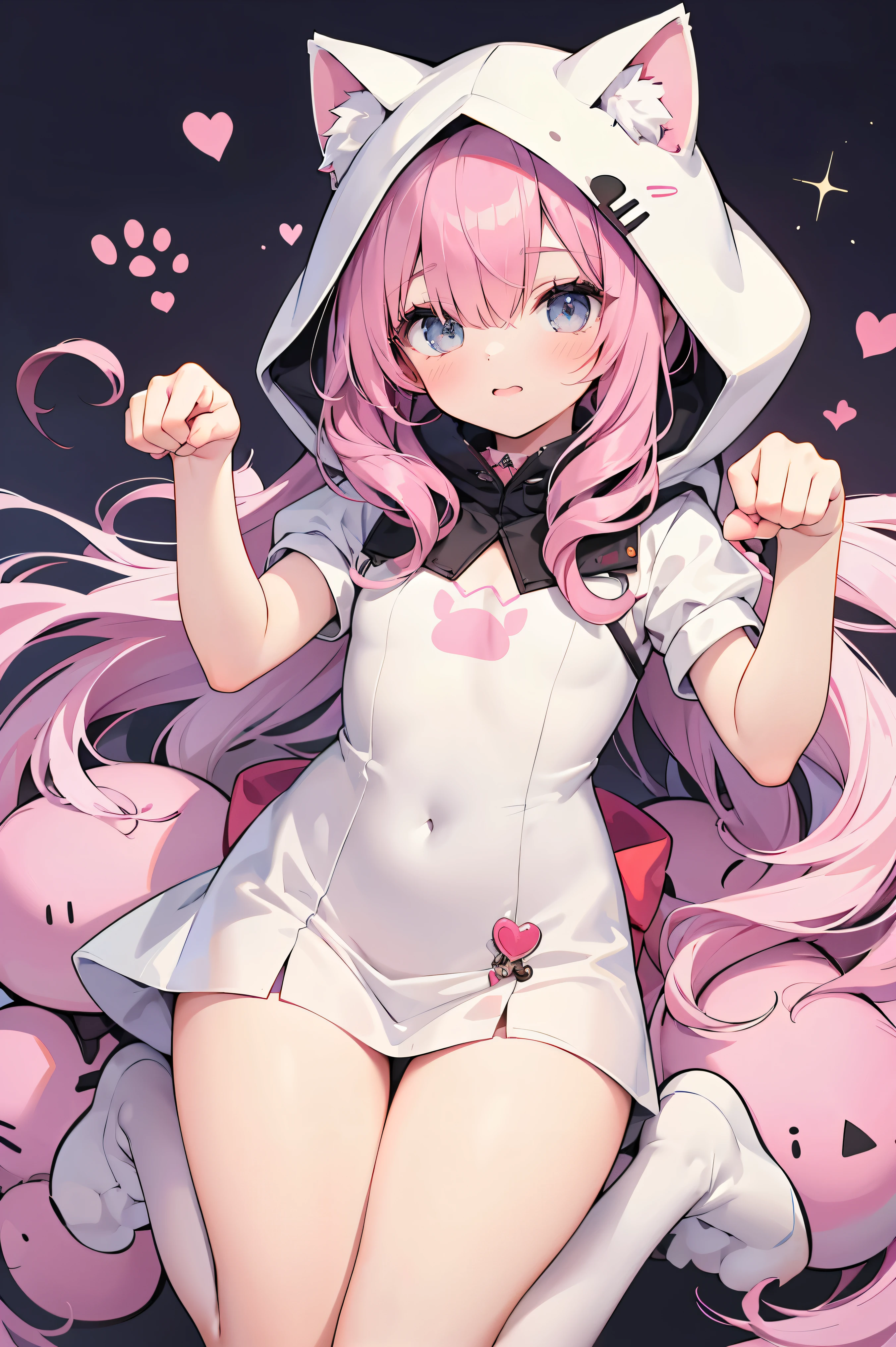 Happy young girl, with wolf ears and pink hair, holding her cheeks, wolf tail, wearing a latex dress, looking at veiwer, full body, you can see her chest, naked breasts