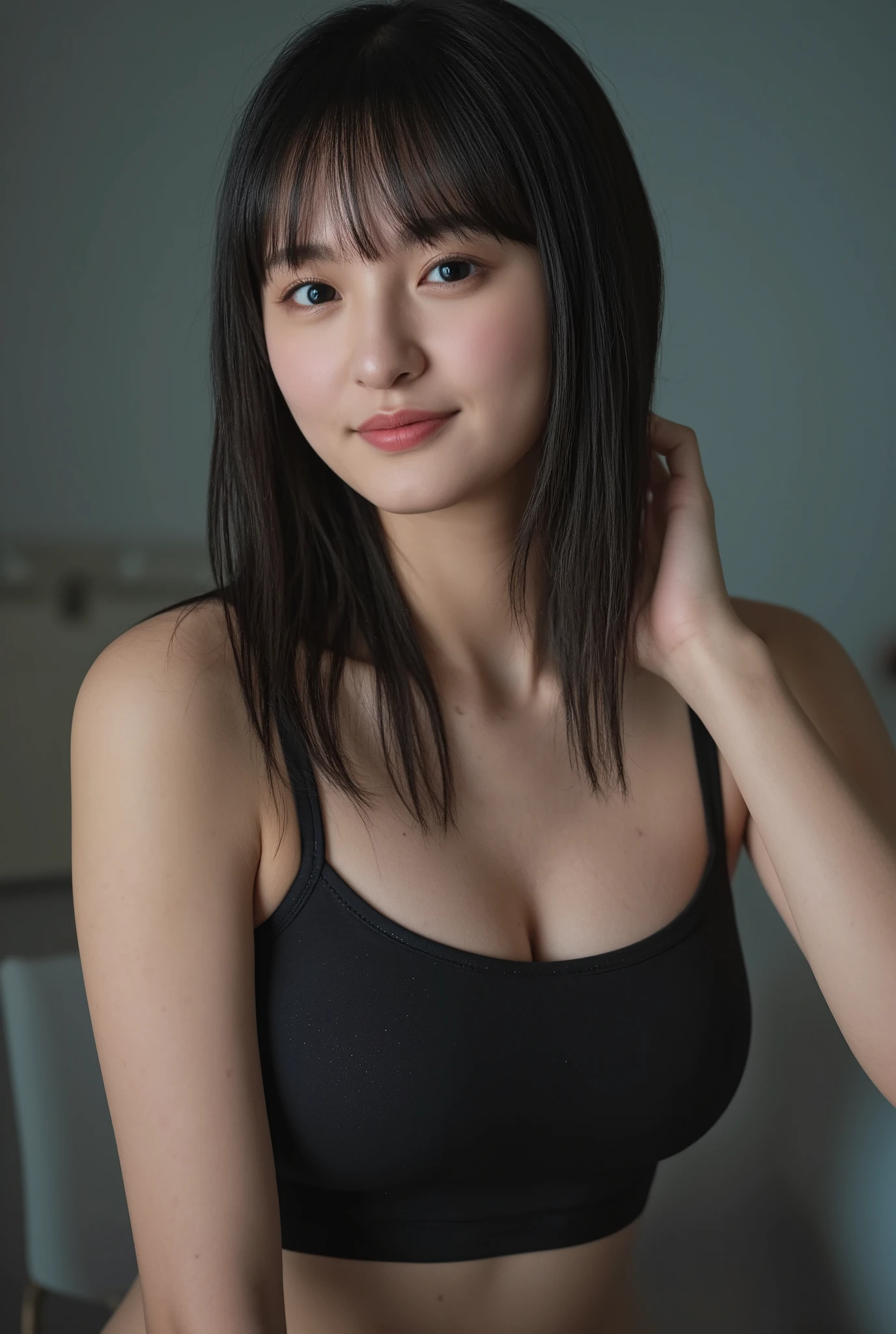 (highest quality、8k、32k、Masseter muscle area、Hmph:1.2)、profile、(Slim figure:1.2)、(Lips) 、double eyelid、Glowing Skin、Realistic Layer、Beautiful Face、(smile:1.3)、White teeth、(short hair:1.4)、Blurred Background、(Front Focus)、(dark: 1.6)、Fantasy art、Photorealistic、Professional Lighting、Highly detailed face、Awards、Deep Shadow、School classroom、leotard