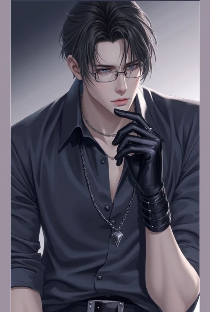 anime guy with black hair and glasses holding a cell phone, trigger anime artstyle, handsome anime pose, with index finger, shigenori soejima illustration, delicate androgynous prince, beautiful androgynous prince, 2 d anime style, he wears an eyepatch, portrait gapmoe yandere grimdark, male anime character, male anime style, eyepatch