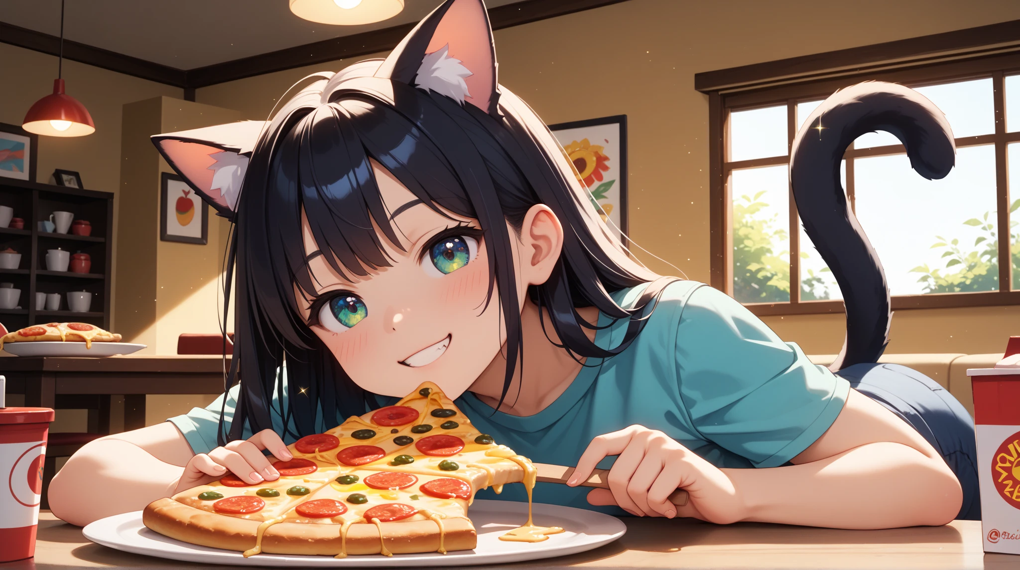 Pretty asian woman, bright silver hair, long hair, green eyes, tiger tshirt, perfect face, busty, sitting at a table, cute pose, about to eat a pizza, anime style