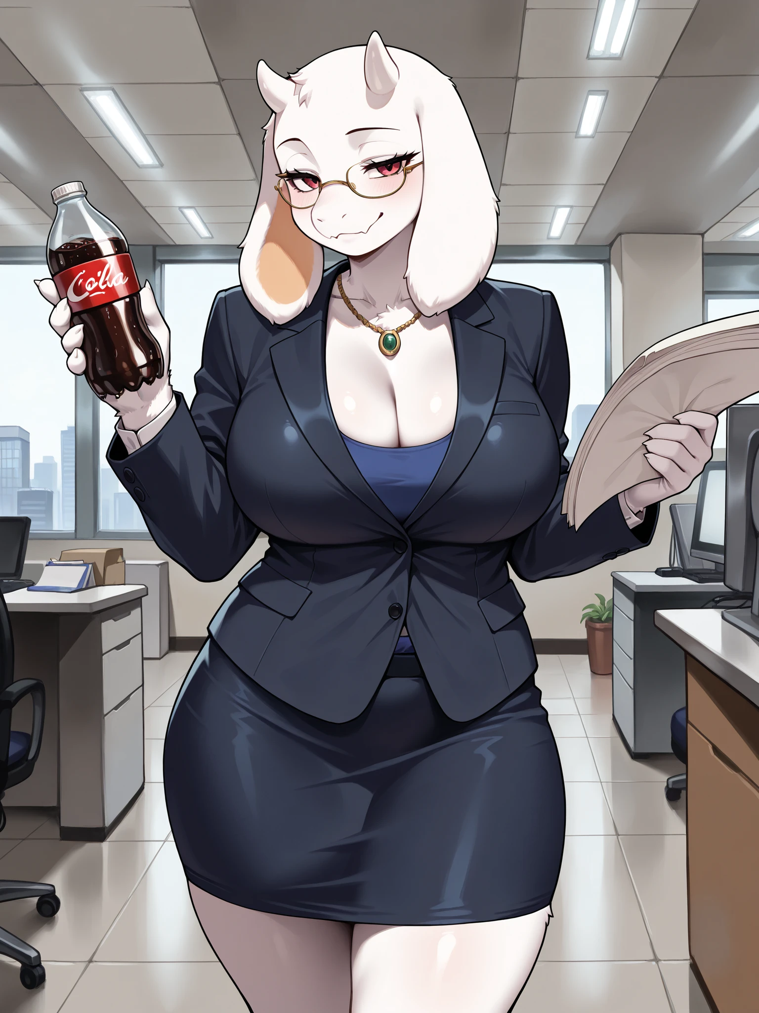 (masterpiece, better quality), hairy:1.3, snout:1.2, The second:1.3, hairy:1.2, amazing quality, very aesthetic, absurd, highres, new , HDR-10, 8K, necklace trio, professional photo, a chic, Chica Toriel, animal ears, cola , (white fur:0.86), Big , (Small but curvy), alternative costumes, office lady, office suit, skirt, glasses, Alone , (((seductive expression))), (((neckline))), Awestruck, balancing , holding papers, office, landscape, Detailed background, underground dispersion, translucent, brilliant, SSS, ambient lighting, atmospheric haze , Illusp0s , (Super quality:1.2), side view