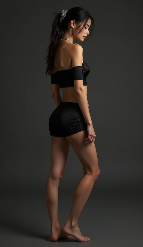 young brunette with leather underwear and stiletto heels completely submissive