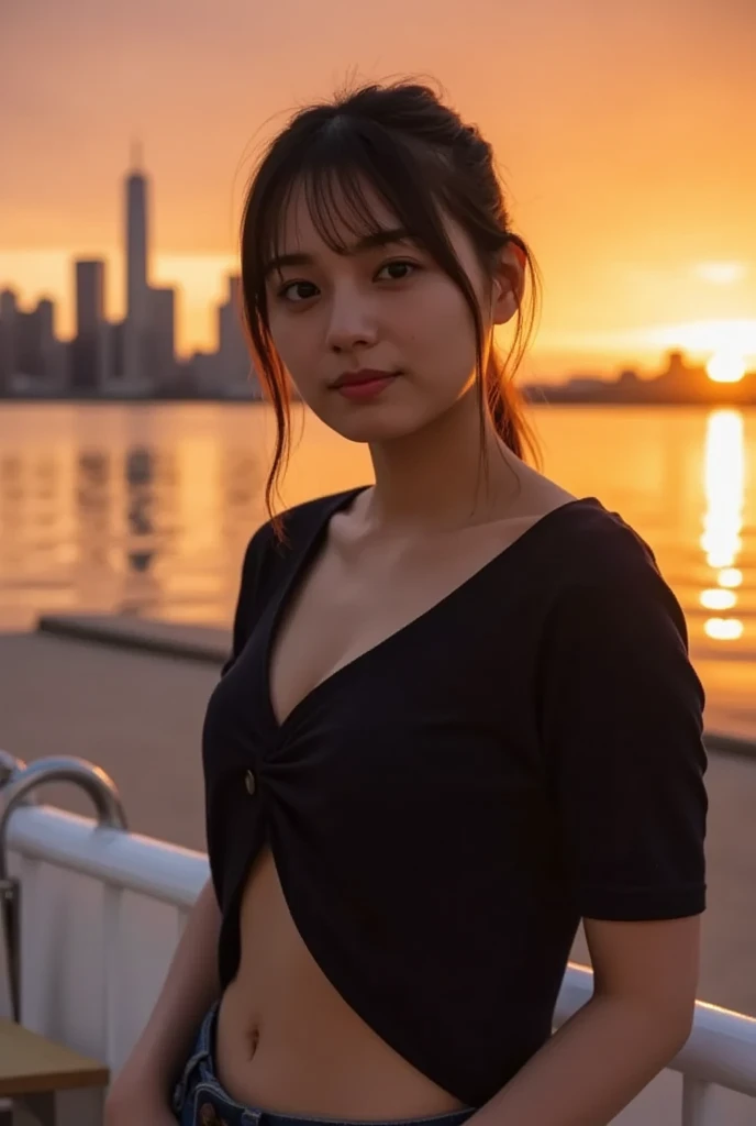 The Sunset City actress is a very beautiful Western adult woman. Sorriso feliz.rosto sexy, (Hair tied in a ponytail),(The bangs are transparent fringes), wears a black sweatshirt (grampo、rabo de cavalo、Cabelo flutuante、),.(super accent: 1.3), use the sunset like lighting, cinematic light, (mesa, maximum quality, ultra high resolution output image,), (8k quality,), (marine art mode 2: 1.3), (UltraHD image mode,)
