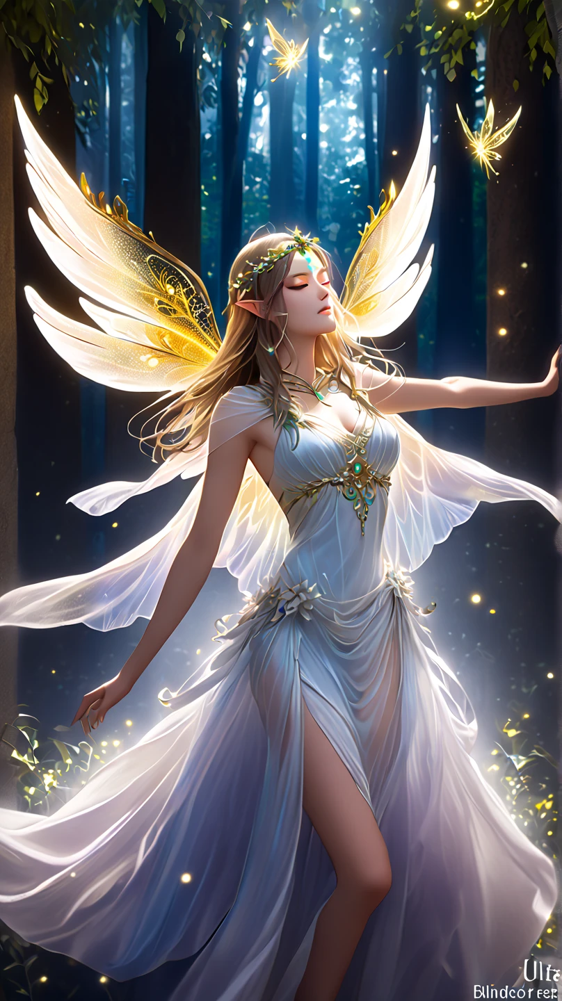 (best qualtiy, tmasterpiece, A high resolution, Glow, flood, Lens glare, wide angles), rays of sunshine, full bodyesbian, 1 The flower fairy flutters in the wind with her wand,Fly happily over the magical garden,surrounded by colorful flowers,She has glowing transparent wings,long whitr hair,Super delicate face, beauitful face, perfect hand, full face blush, (perfect eyes) Big breasts and big breasts ( long eyelasher: 1.4), Glowing pupils, (white stockings: 0.9),((Glowing transparent wings;1.4)), hentail realism, (highdetailskin: 1.2), 8K, Ultra HD, digital SLR camera, high high quality, Volumetriclighting, Frankness, A high resolution, 4K, 8K, in the background bokeh, Garden of dreams,Soft lighting, ( Bokeh),Transparent feather drop effect, spring flowers,