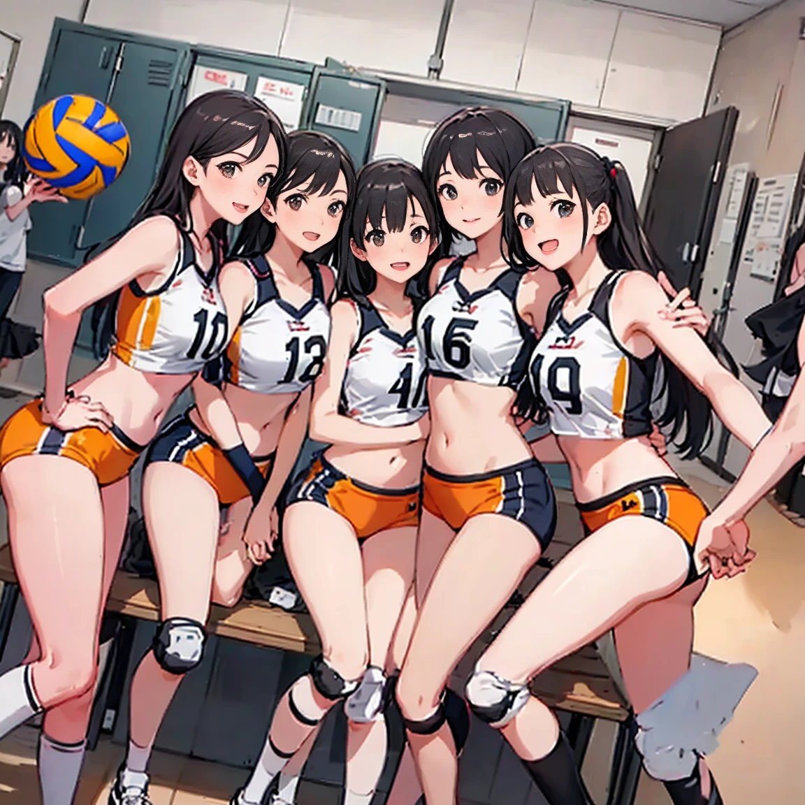 (masterpiece, best quality: 1.2), pretty girl, 18 yo,short hair,(medium breasts), slender, detailed eyes, beautiful legs, slim-legs,shiny skin, blush,panicked look,blush,(detailed wearing volleyball uniform),(detailed bottom full-buruma), (spread legs:1.2),(volleyball court),(playing volleyball:1.2),(genital line),sneakers,