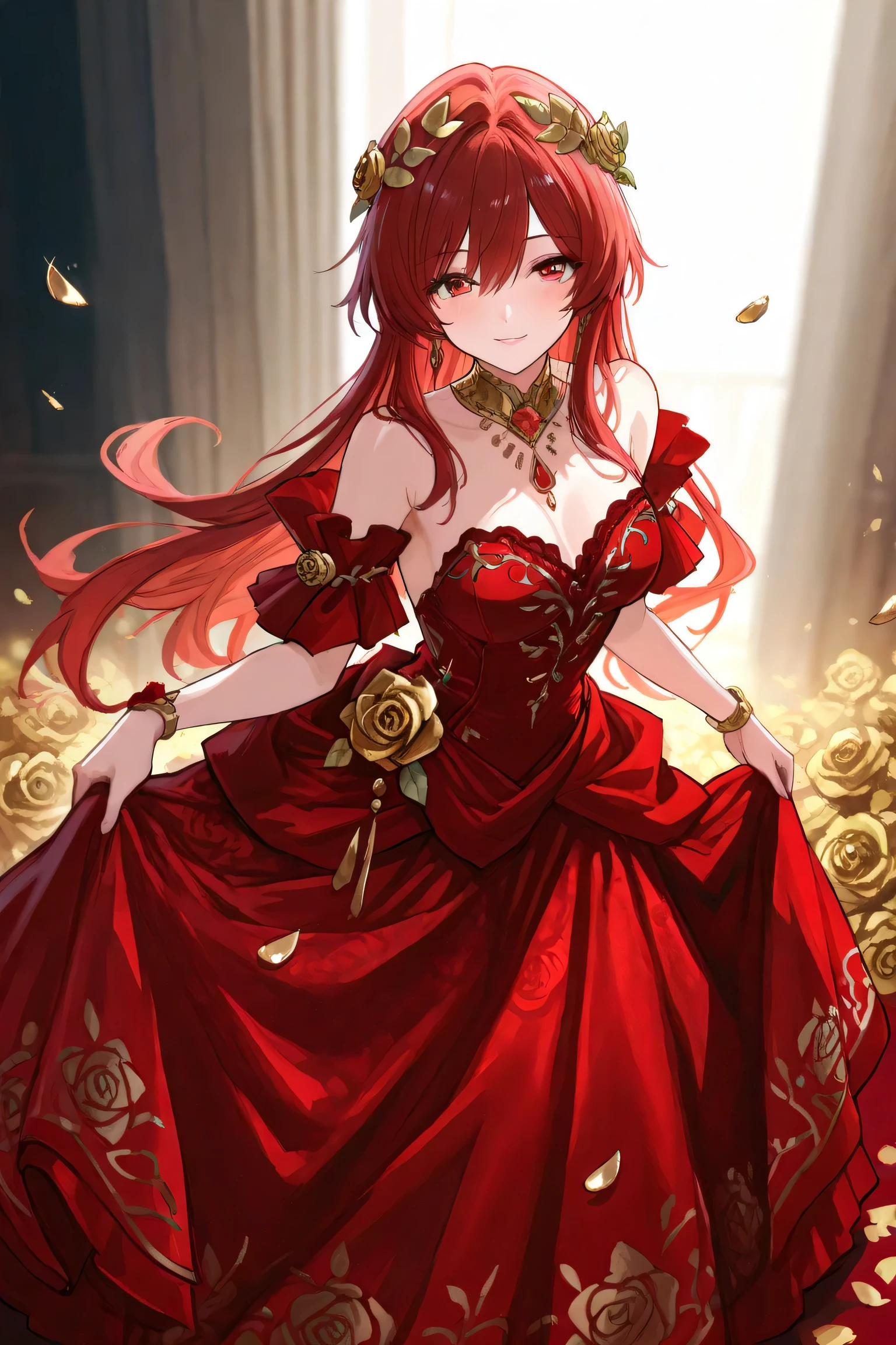 (masterpiece, best quality, expressive eyes, perfect face), (anime), 1girl, red hair, yellow eyes, red gold dress, rose hair ornament, long hair, crown braid, golden crown