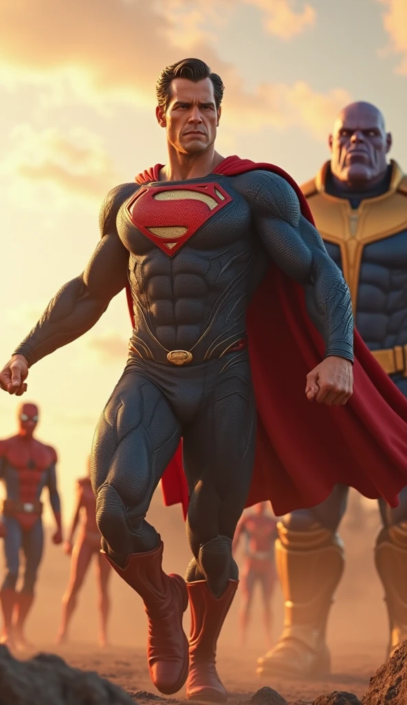 "Describe an image of a black Superman flying through the skies, with his iconic blue and red costume. Ele tem uma estrutura muscular imponente e um olhar determinado em seu rosto. Her black hair is combed back and a red cape flutters in the wind. He stretches his arms forward, enquanto raios de sol se refletem em seu peito, revelando o famoso emblema do 'S'. Ao fundo, Tall buildings and white clouds complete the scene, conveying the sense of power and heroism."