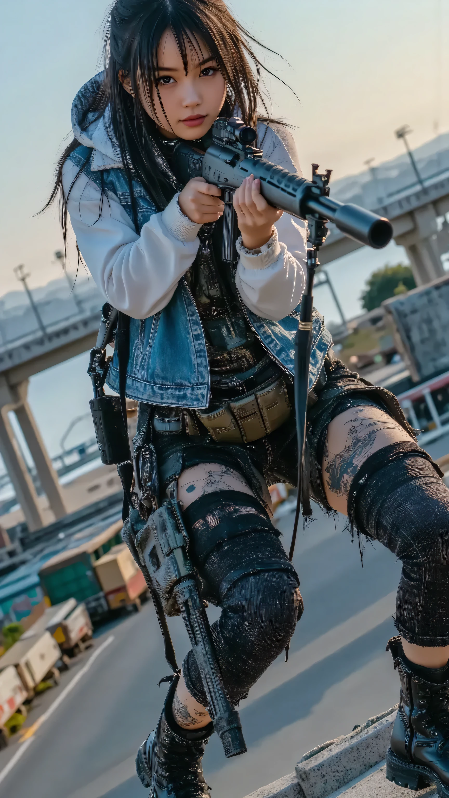 (masterpiece, best quality:1.2), A bold female anti-hero, early 20s, with a piercing glare, positioned on a bullet-riddled motorcycle on a Los Santos coastal highway overpass at dusk, aiming a compact submachine gun with deadly focus. Her ripped denim vest reveals gang tattoos, and stacks of stolen cash spill from a nearby crashed van, bills fluttering onto the asphalt. The overpass is a warzone, its barriers scarred with bullet holes, vibrant graffiti tags glowing under fading sunlight, and burning cars sending smoke into the sky. Below, five gang members execute an ambush: one sprays paint across a flipped truck, one fires a rifle at pursuing rivals, one plants explosives on a rival’s SUV, one reloads a shotgun, and another signals from a lookout post. The ocean glitters faintly beyond, contrasting the violence. This GTA-style scene is ultra-realistic, with intricate details, dynamic composition, and a cinematic sense of rebellion.