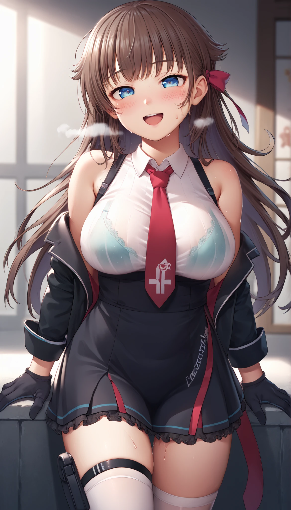 masterpiece、The best、1 female、 Bun bun、black hair、Shoulder leakage、big breasts、chubby、Smile、Black suspenders、lace leggingackpack,On campus,pose,Black jumpsuit