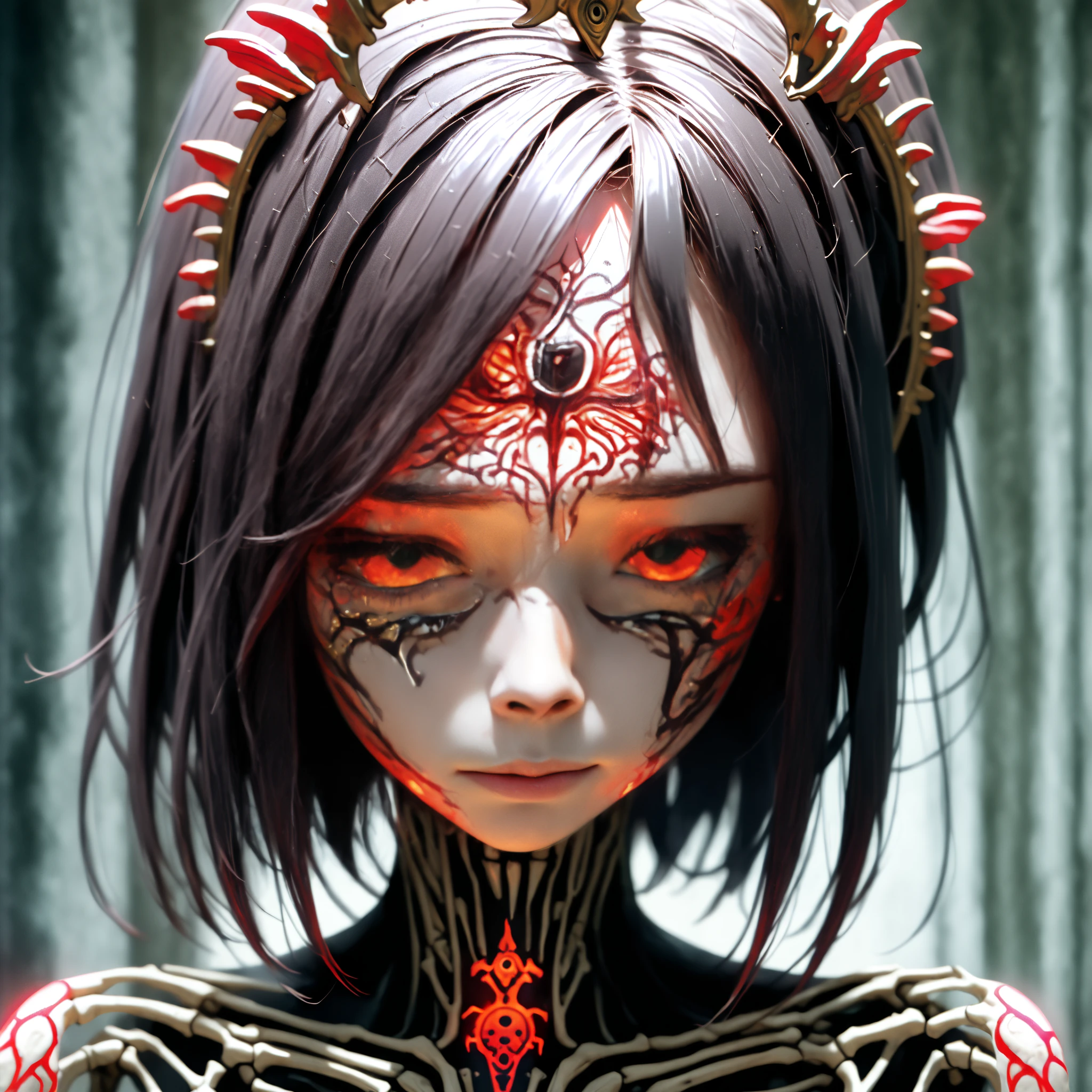 girl,teen, skeleton warrior, skeleton armor and weapon, facepaint, bodypaint, evil look, accesories, exposed breasts, small breasts, naked breasts, topless, vibrant appearance, creative behavior, imaginative, sensual, spontaneous, highest quality, skin texture, intricate details, (cinematic lighting), RAW photo, 8k